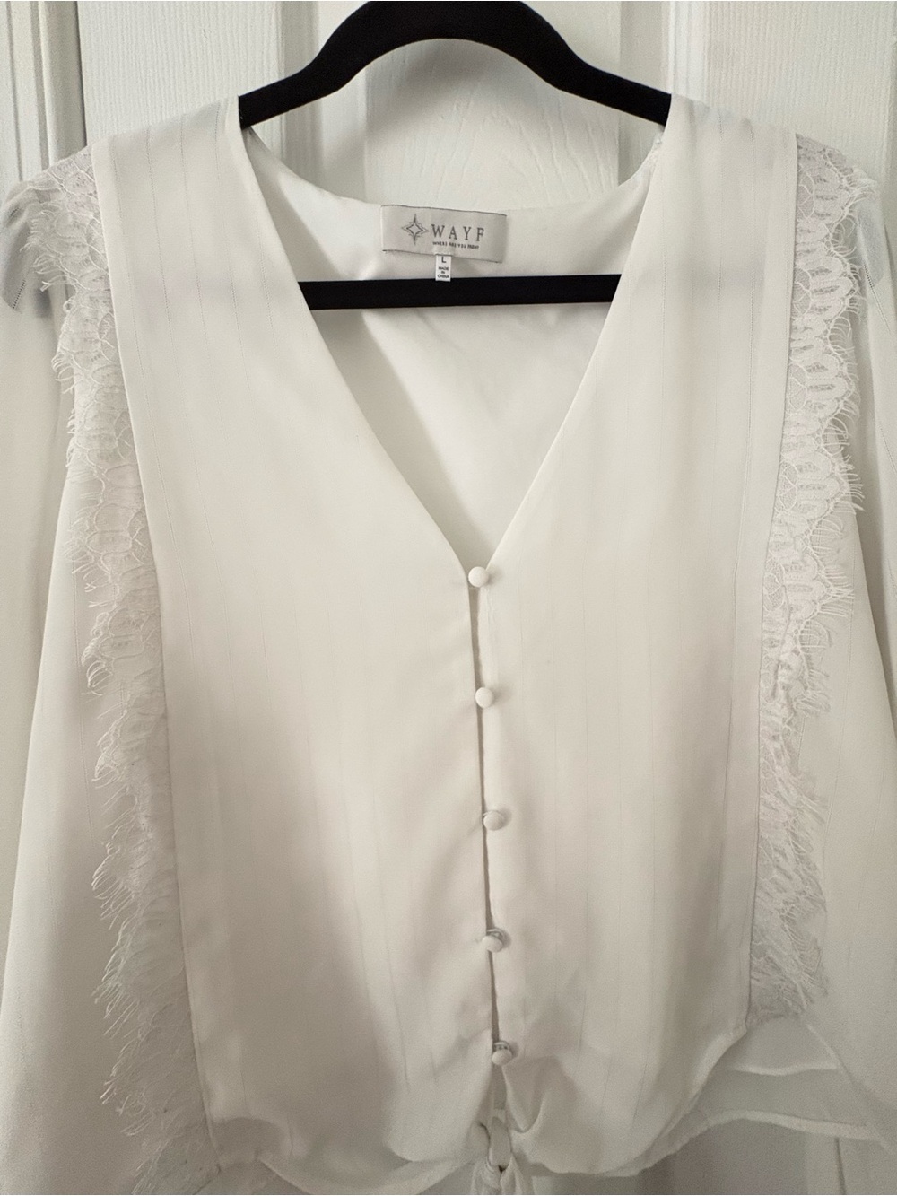 White Lace Detail Tie-Front Blouse | Size Large - Picture 2 of 3